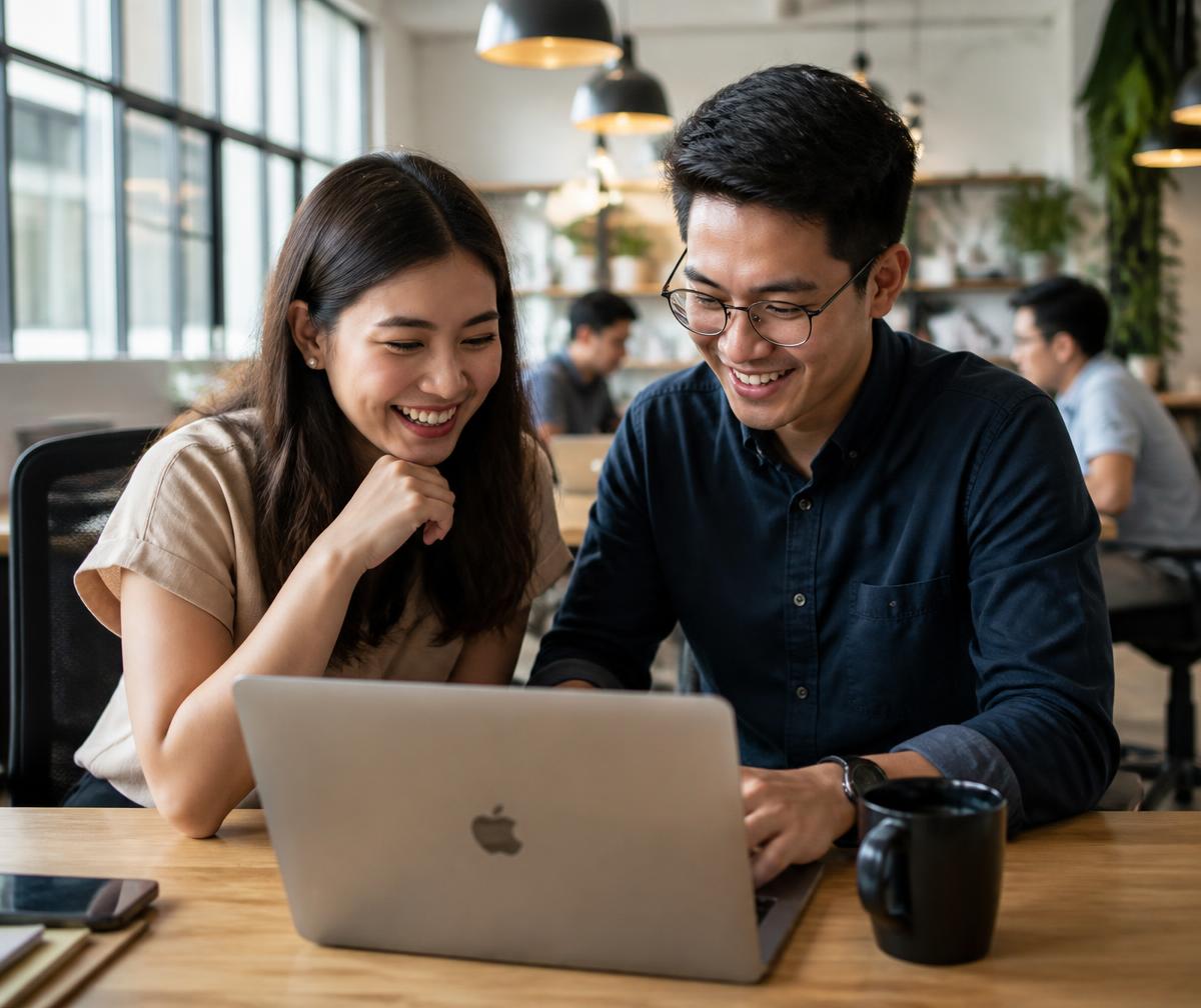Two Filipino professionals learning together at a co-working space